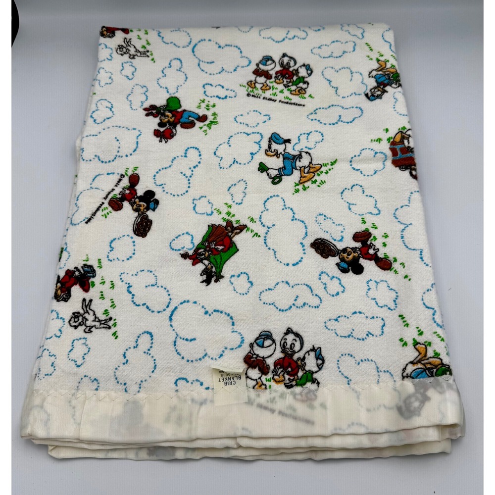 Vintage Disney Crib Blanket Satin Trim White Mickey Donald Duck 36x50 Excellent